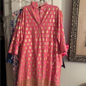 Jude Connally Hot Pink Tunic Dress with Gold Foil Motif